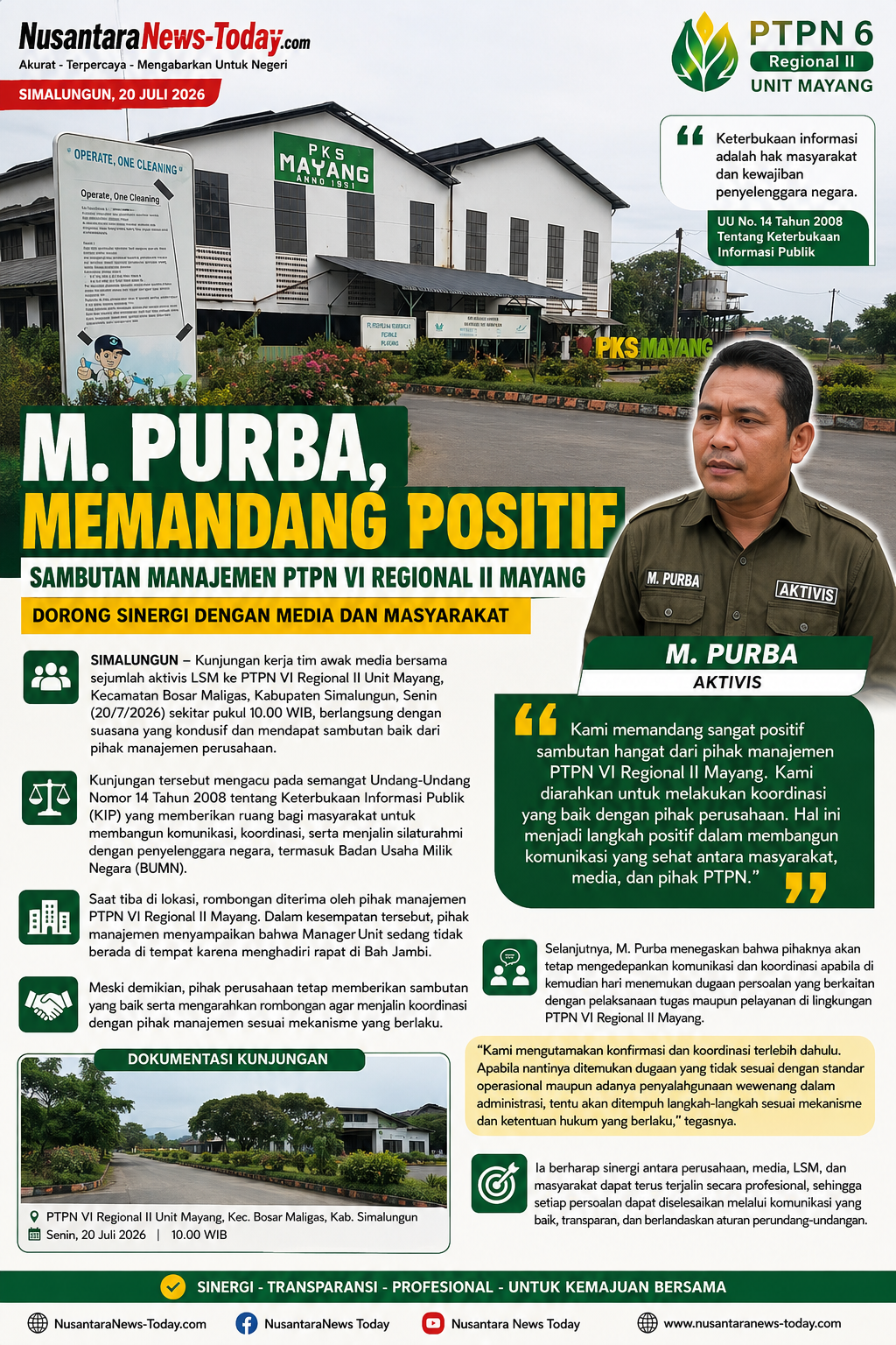 M. Purba Memandang Positif Sambutan Manajemen PTPN VI Regional II Mayang, Dorong Sinergi dengan Media dan Masyarakat