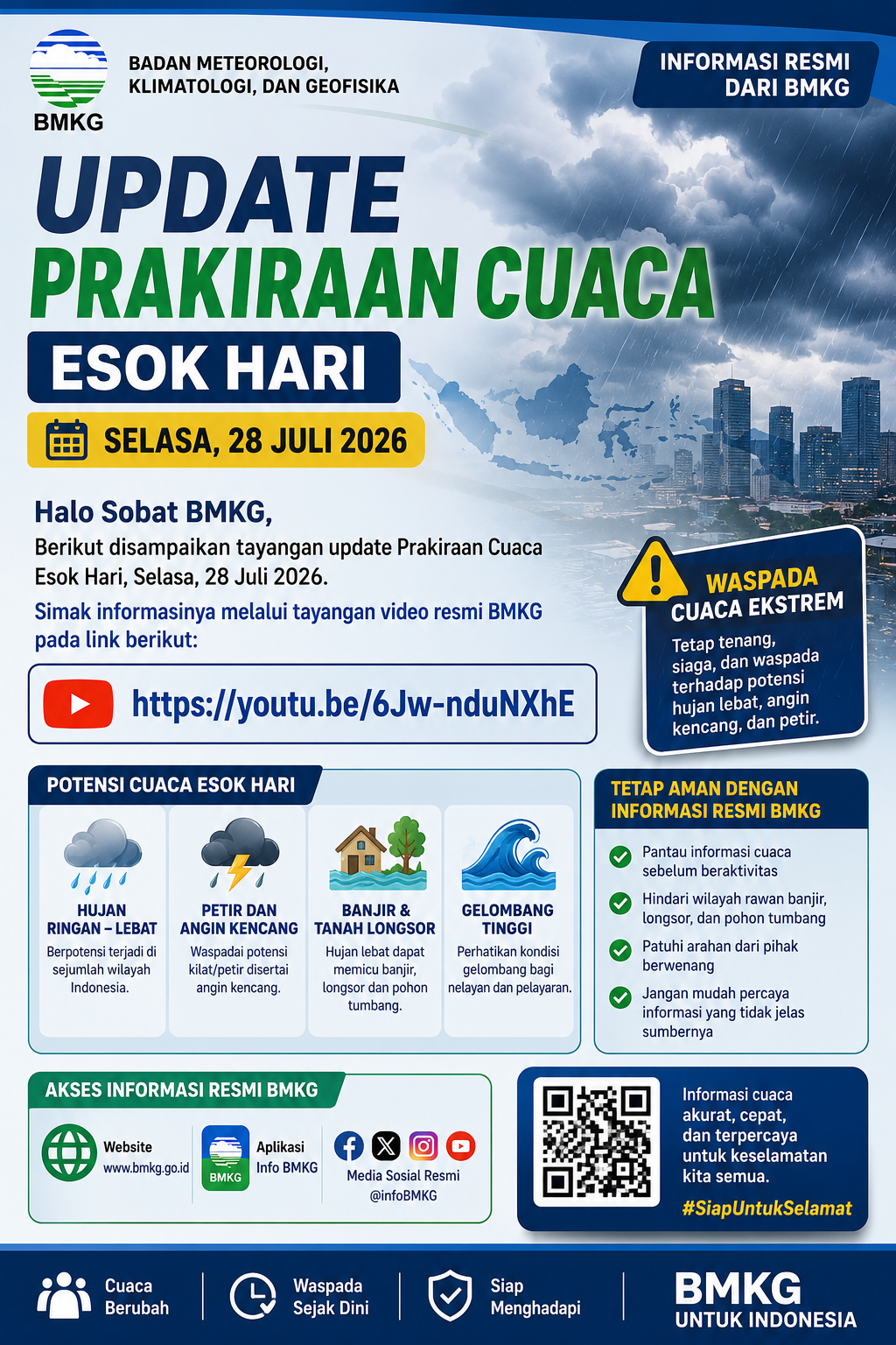 BMKG Rilis Prakiraan Cuaca Selasa, 28 Juli 2026: Sejumlah Wilayah Berpotensi Diguyur Hujan, Masyarakat Diminta Tetap Waspada