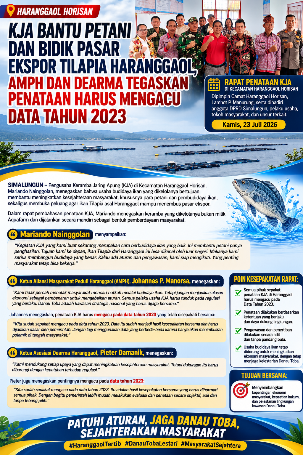 KJA Haranggaol: Mariando Bidik Ekspor Tilapia, AMPH dan Dearma Tegaskan Penataan Harus Mengacu Data 2023