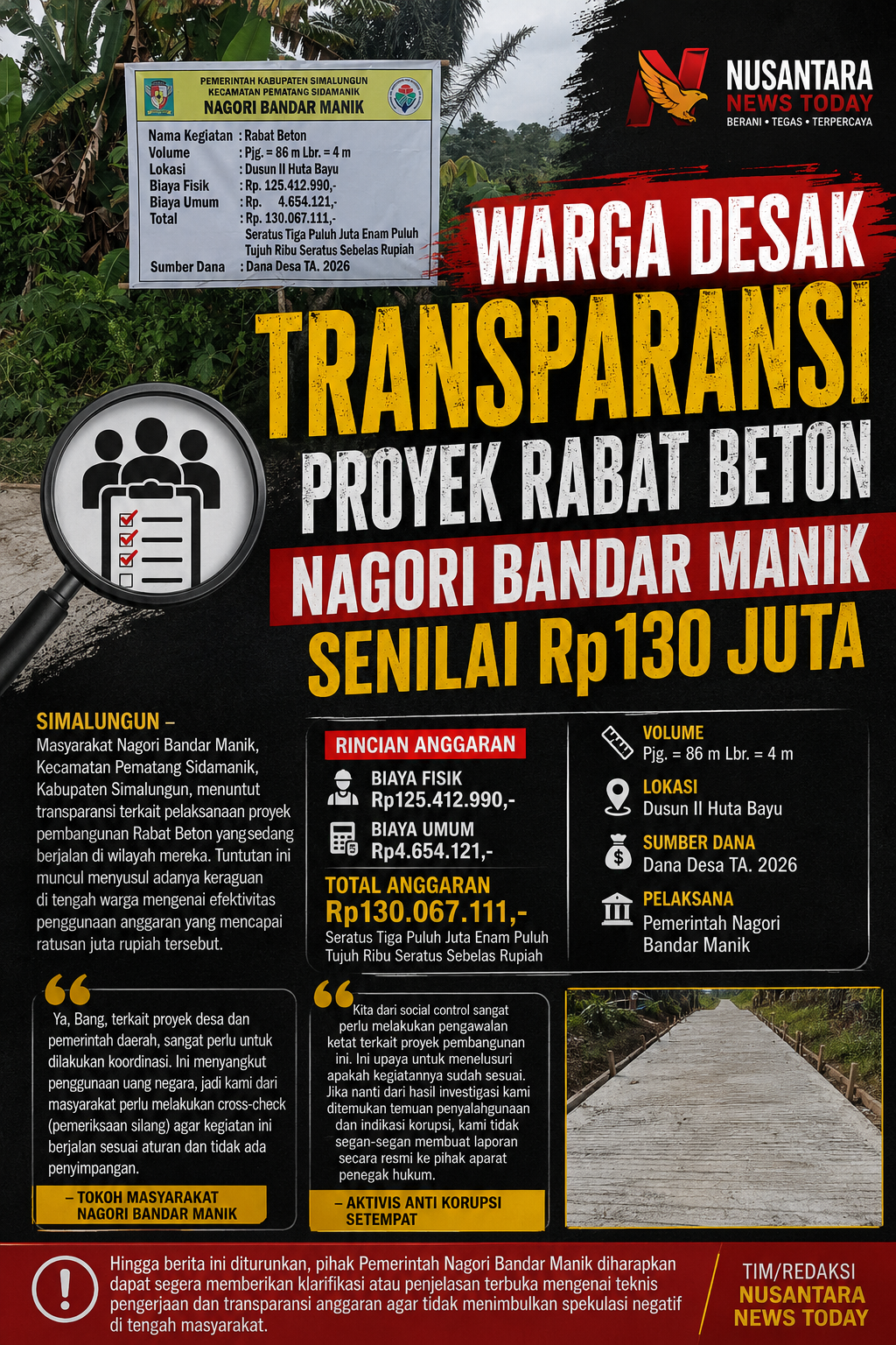 Warga Nagori Bandar Manik Desak Transparansi Proyek Rabat Beton Rp130 Juta