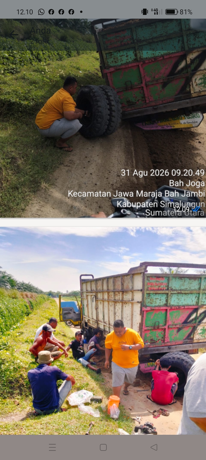 Ban Truk Pengangkut Tangkos Lepas di Bah Joga, Warga dan Mekanik Sigap Bahu-Membahu ​BAH JOGA, SIMALUNGUN – Sebuah truk pengangkut tandan kosong (tangkos) kelapa sawit mengalami insiden lepas ban saat melintas di jalur perkebunan wilayah Bah Joga, Kecamatan Jawa Maraja Bah Jambi, Kabupaten Simalungun, Sumatera Utara, pada Senin (31/8/2026) pagi. ​Truk bernomor polisi yang mengangkut muatan penuh menuju Afdeling VII ,tersebut mendadak terhenti di tengah jalan tanah perkebunan setelah roda bagian belakang sebelah kiri terlepas dari as roda. Kejadian yang berlangsung sekitar pukul 09.20 WIB ini sempat menghambat arus lalu lintas kendaraan perkebunan di sekitar lokasi. ​Melihat kondisi armada yang tidak memungkinkan untuk melanjutkan perjalanan, sopir truk langsung berkoordinasi dengan mekanik bengkel terdekat. Tak berselang lama, sejumlah warga setempat beserta tim mekanik tiba di lokasi kejadian untuk memberikan bantuan. ​Dengan menggunakan perlengkapan perbaikan seadanya seperti dongkrak hidrolik dan kunci roda, warga bersama mekanik bahu-membahu memperbaiki bagian as dan memasang kembali ban yang terlepas. Suasana kebersamaan dan gotong royong terlihat jelas di lokasi saat beberapa warga ikut menjaga area sekitar agar proses perbaikan berjalan aman. ​Tidak ada korban jiwa maupun luka-luka dalam insiden ini. Setelah menjalani penanganan dan perbaikan teknis selama beberapa saat, ban truk berhasil dipasang kembali dan armada pengangkut tangkos tersebut dapat melanjutkan perjalanannya menuju Afdeling VII. laporan:IRMAYANI