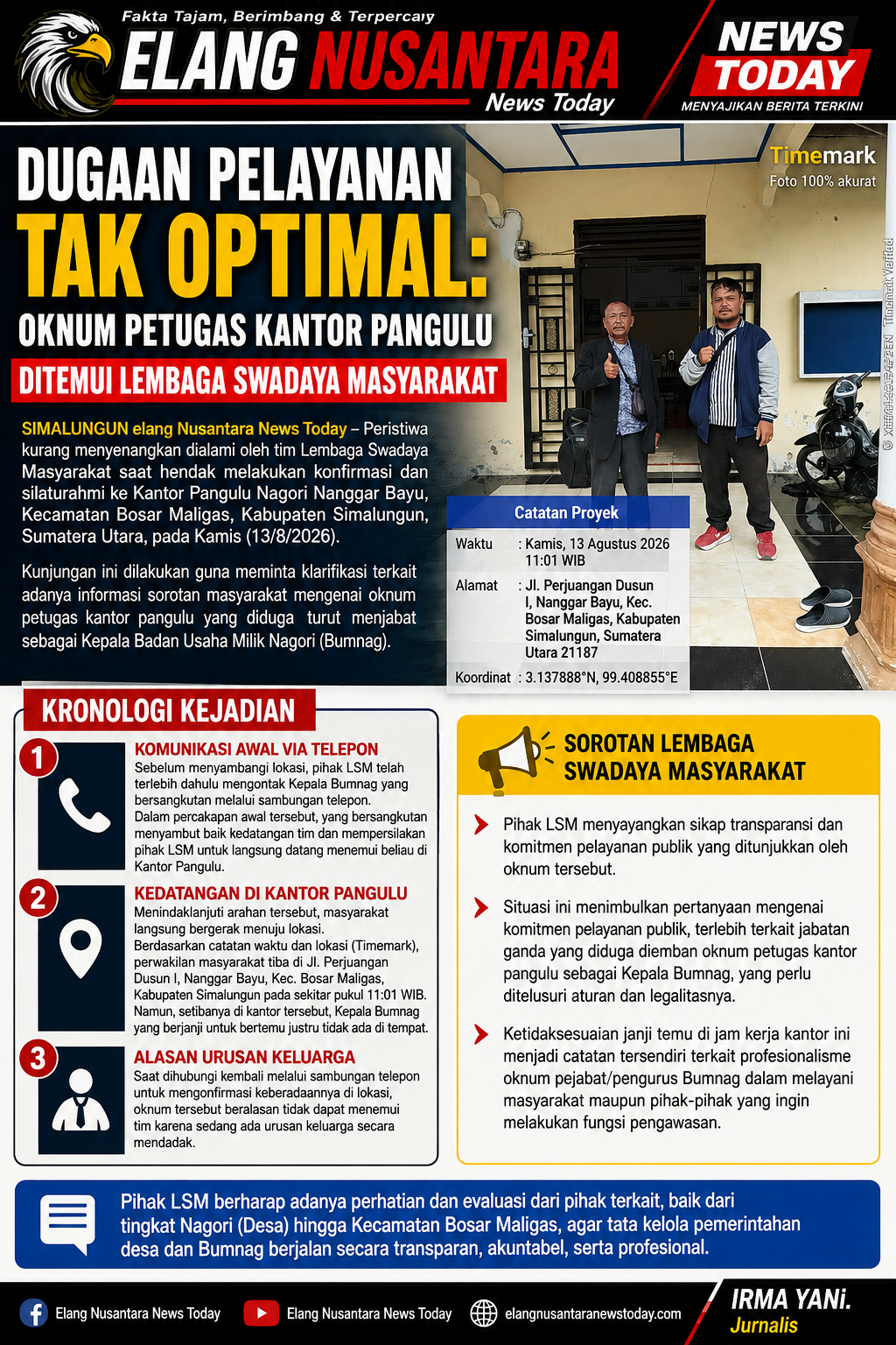 LSM Soroti Dugaan Pelayanan Tak Optimal Oknum Petugas Kantor Pangulu Nanggar Bayu