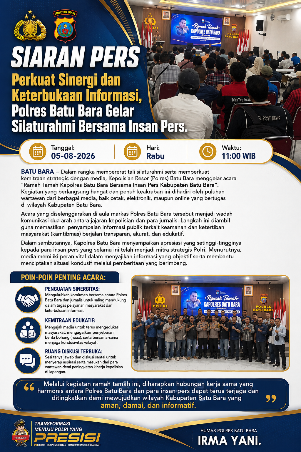 SIARAN PERS Perkuat Sinergi dan Keterbukaan Informasi, Polres Batu Bara Gelar Silaturahmi Bersama Insan Pers