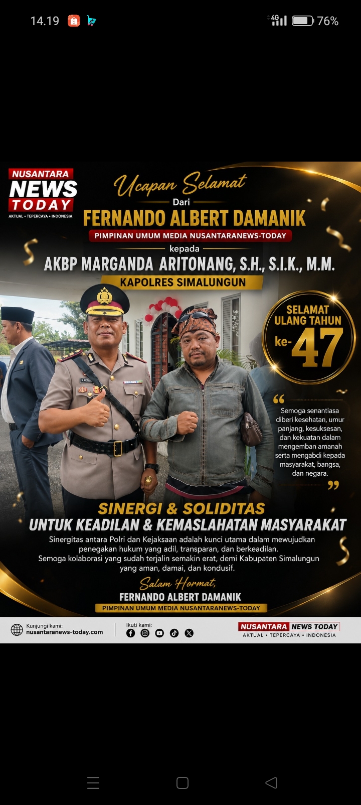 Fernando Albert Damanik Ucapkan Selamat HUT ke-47 Kapolres Simalungun, Tekankan Pentingnya Sinergitas